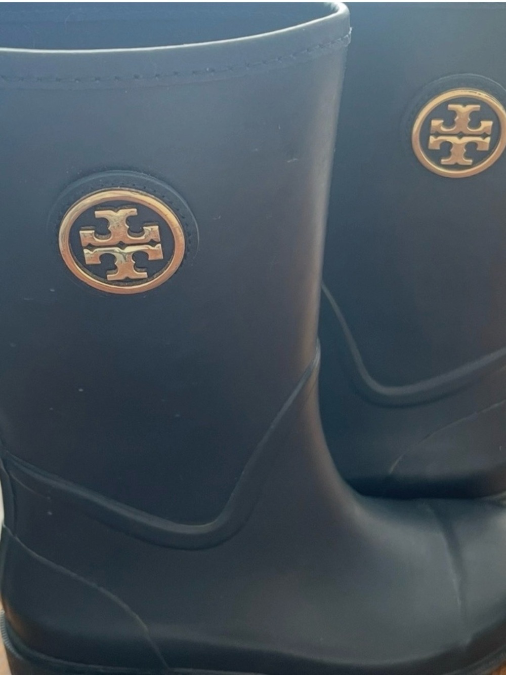 Tory Burch Black Rain Boots with Gold Emblem Accent